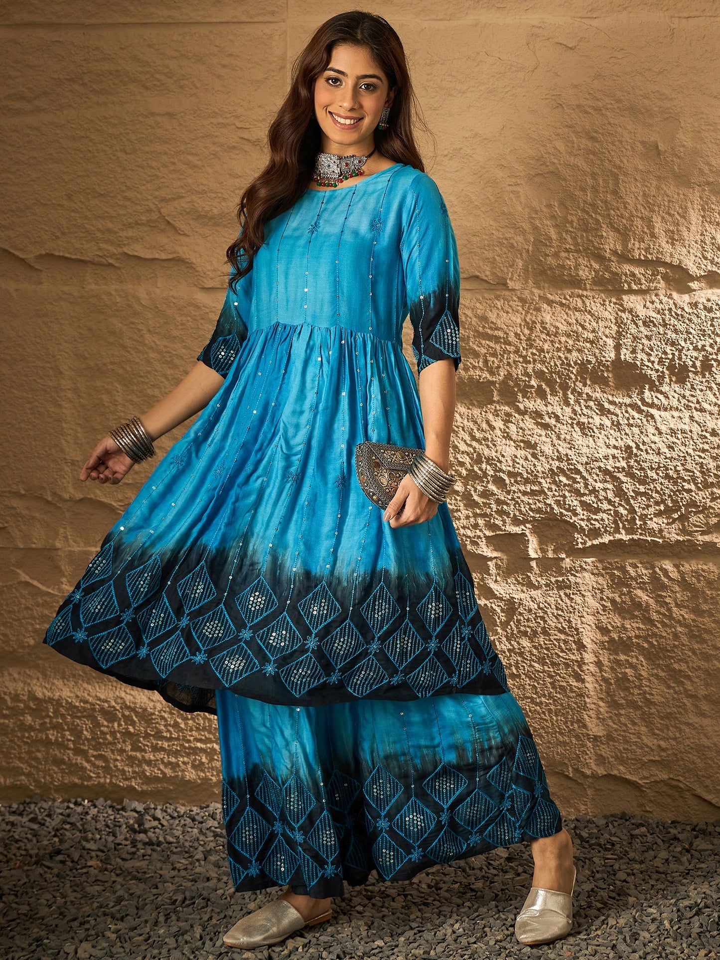 Cyan Blue Tie & Dye Anarkali Kurta Set