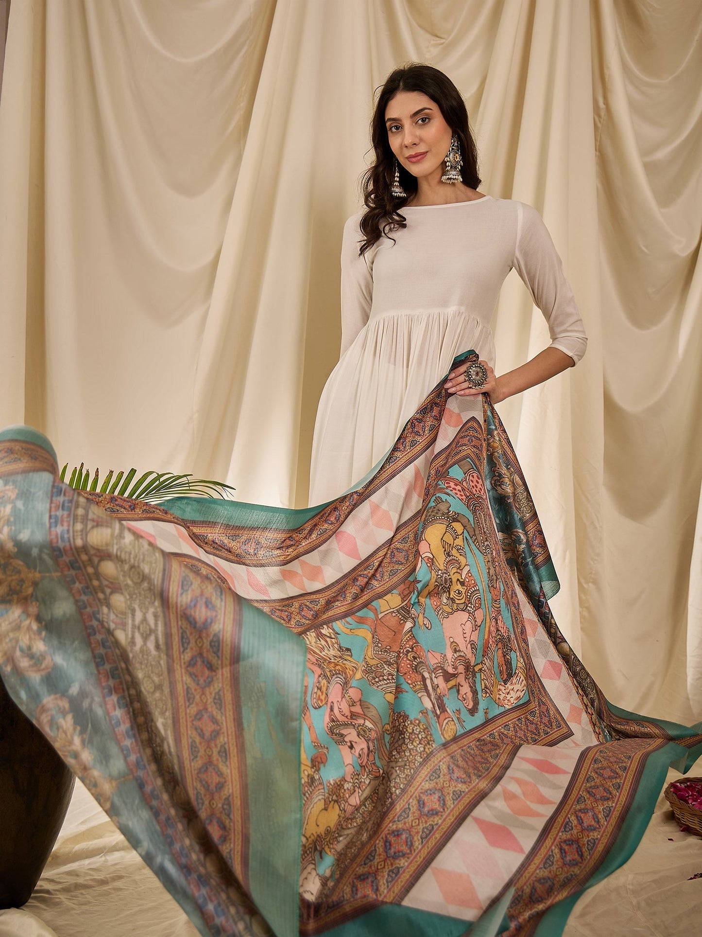 White Long Anarkali Rama Green Dupatta Set