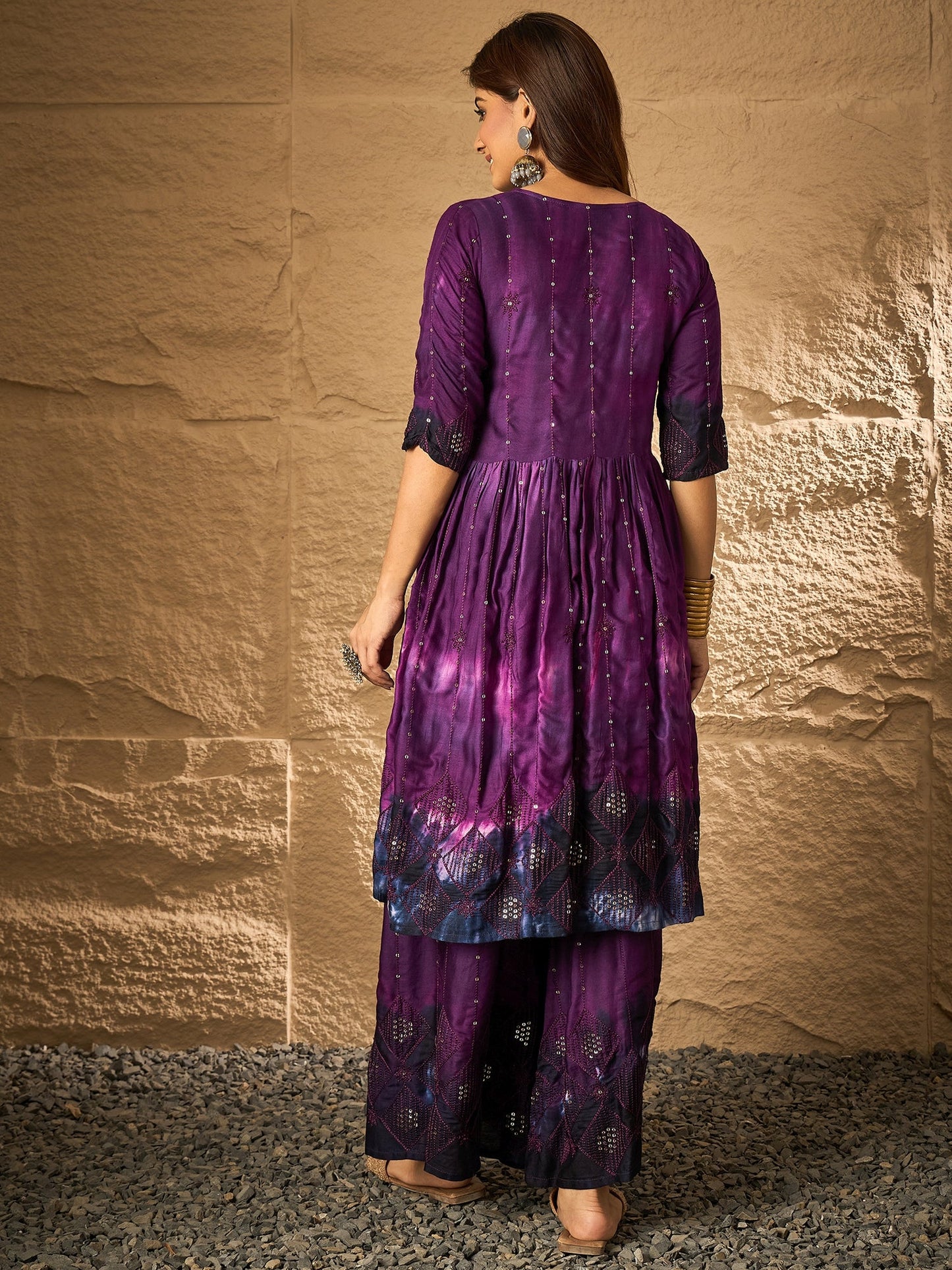 Dark Purple Tie & Dye Anarkali Kurta Set