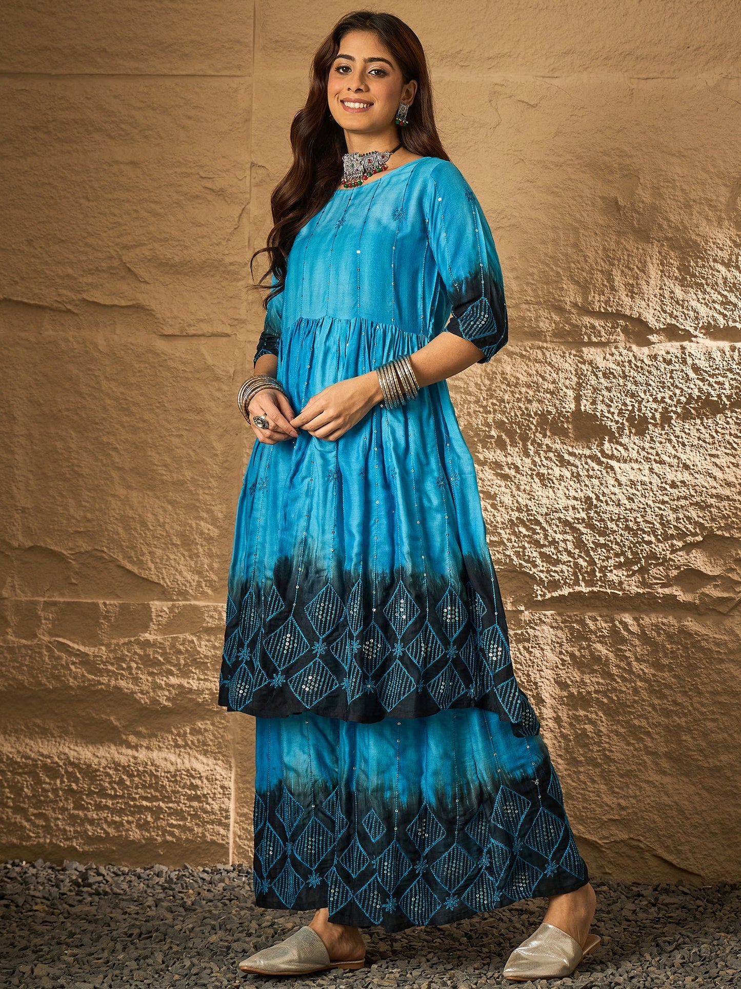 Cyan Blue Tie & Dye Anarkali Kurta Set