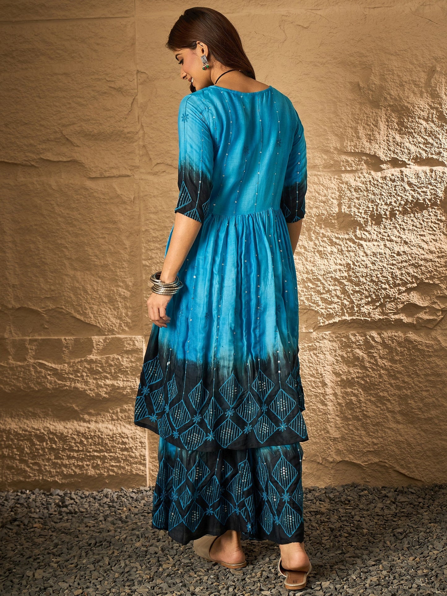 Cyan Blue Tie & Dye Anarkali Kurta Set