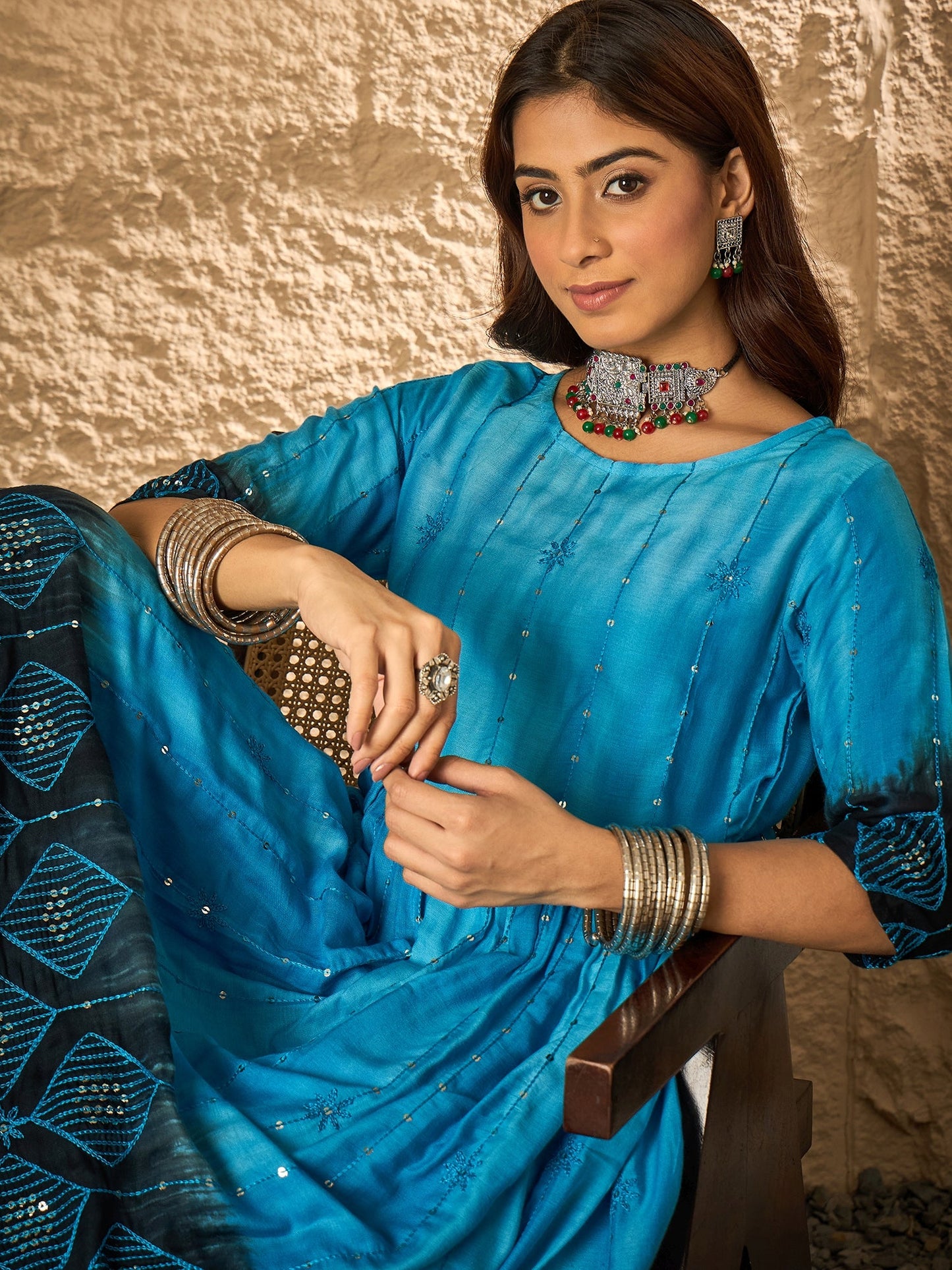 Cyan Blue Tie & Dye Anarkali Kurta Set