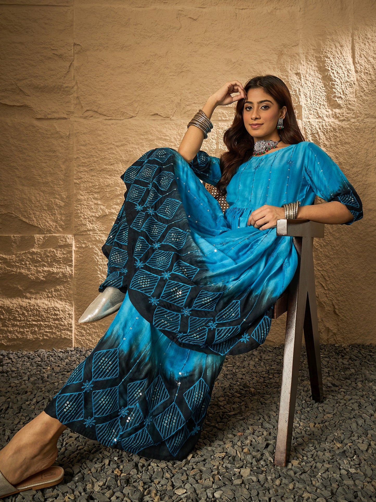 Cyan Blue Tie & Dye Anarkali Kurta Set