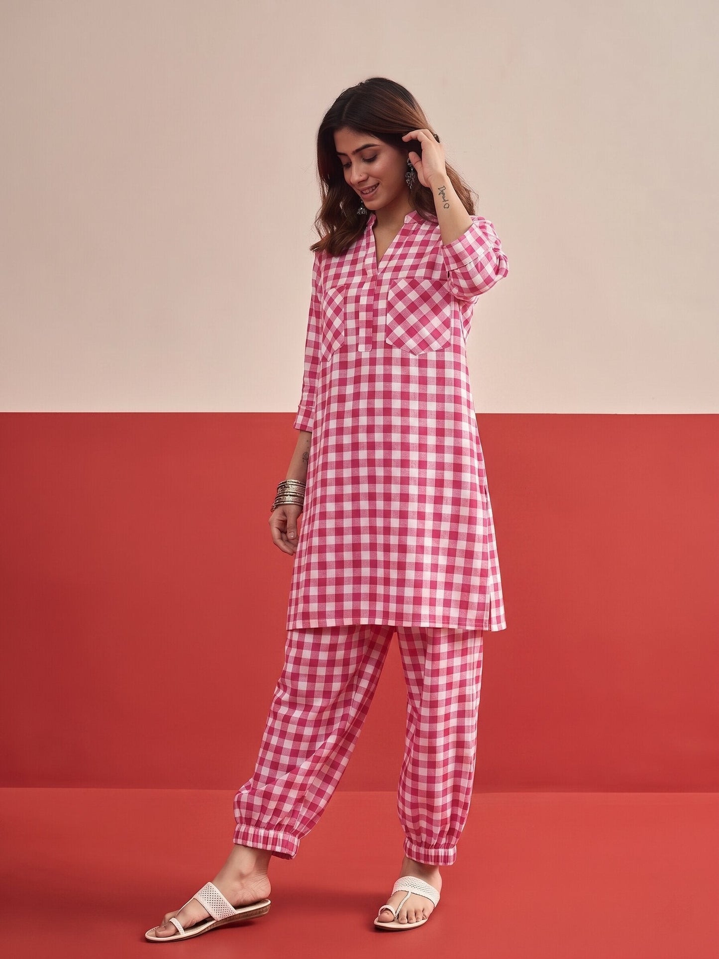 Pink Big Check Afghani Set