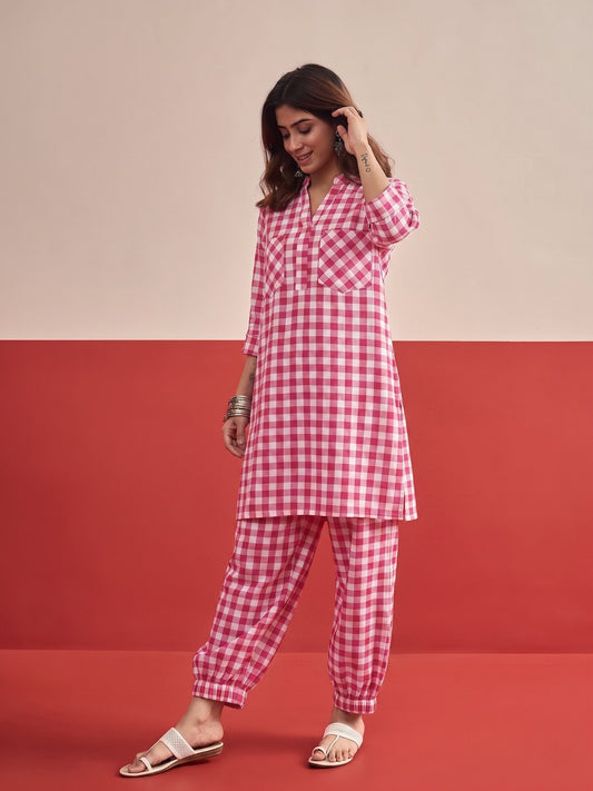 Pink Big Check Afghani Set