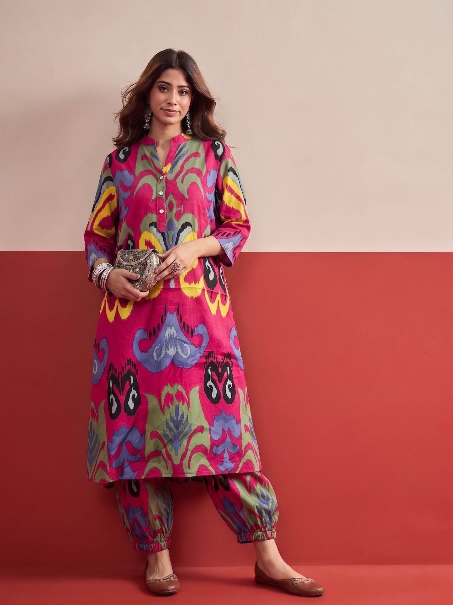 Pink Blue Ikat Afghani Set
