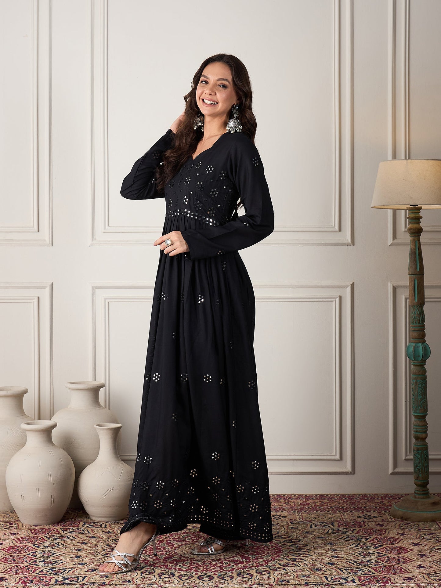 Black Mirror Work Long Anarkali Kurta