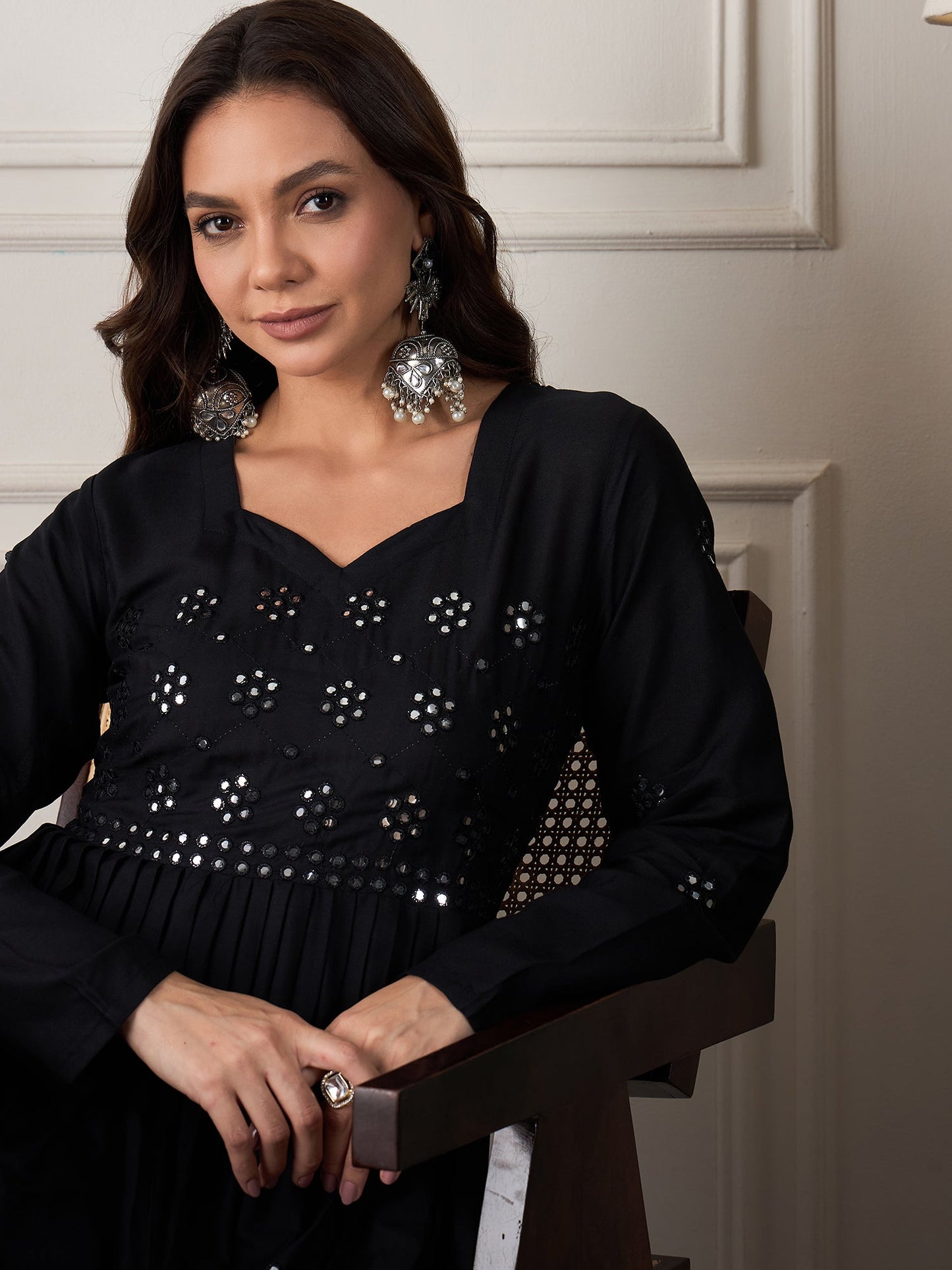 Black Mirror Work Long Anarkali Kurta