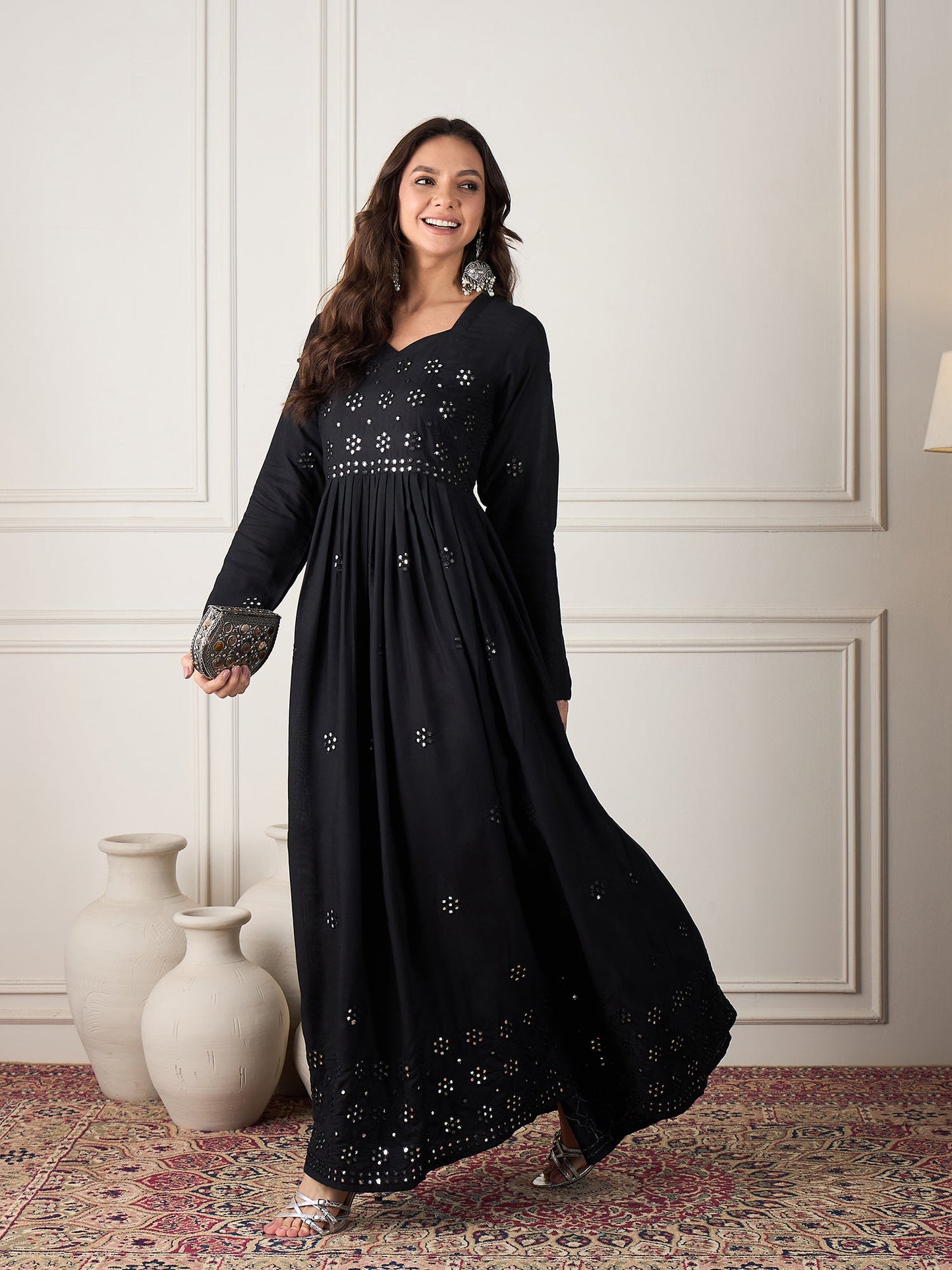 Black Mirror Work Long Anarkali Kurta