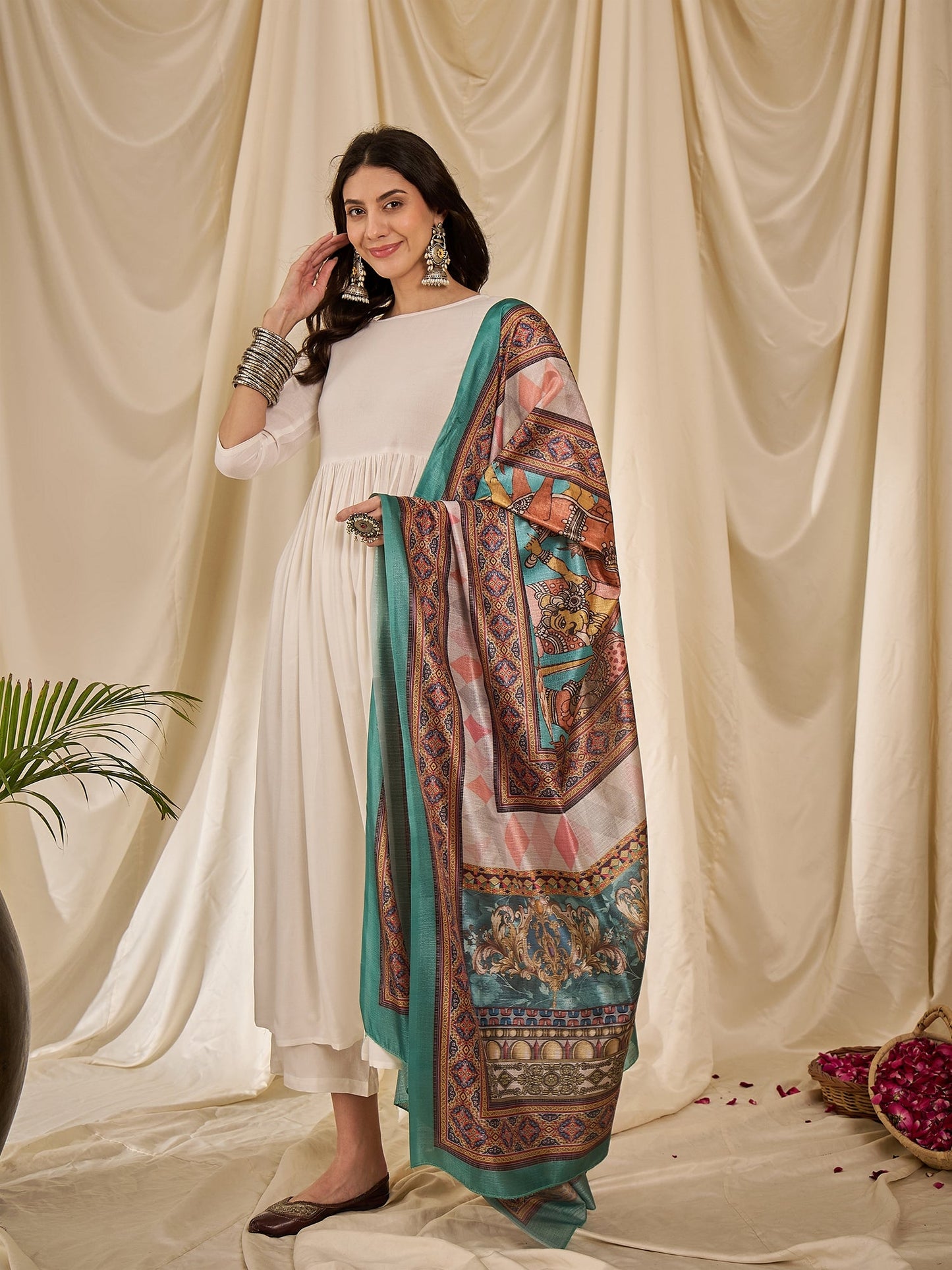 White Long Anarkali Rama Green Dupatta Set