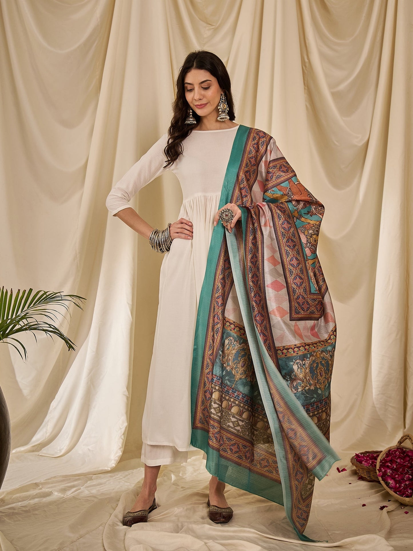 White Long Anarkali Rama Green Dupatta Set