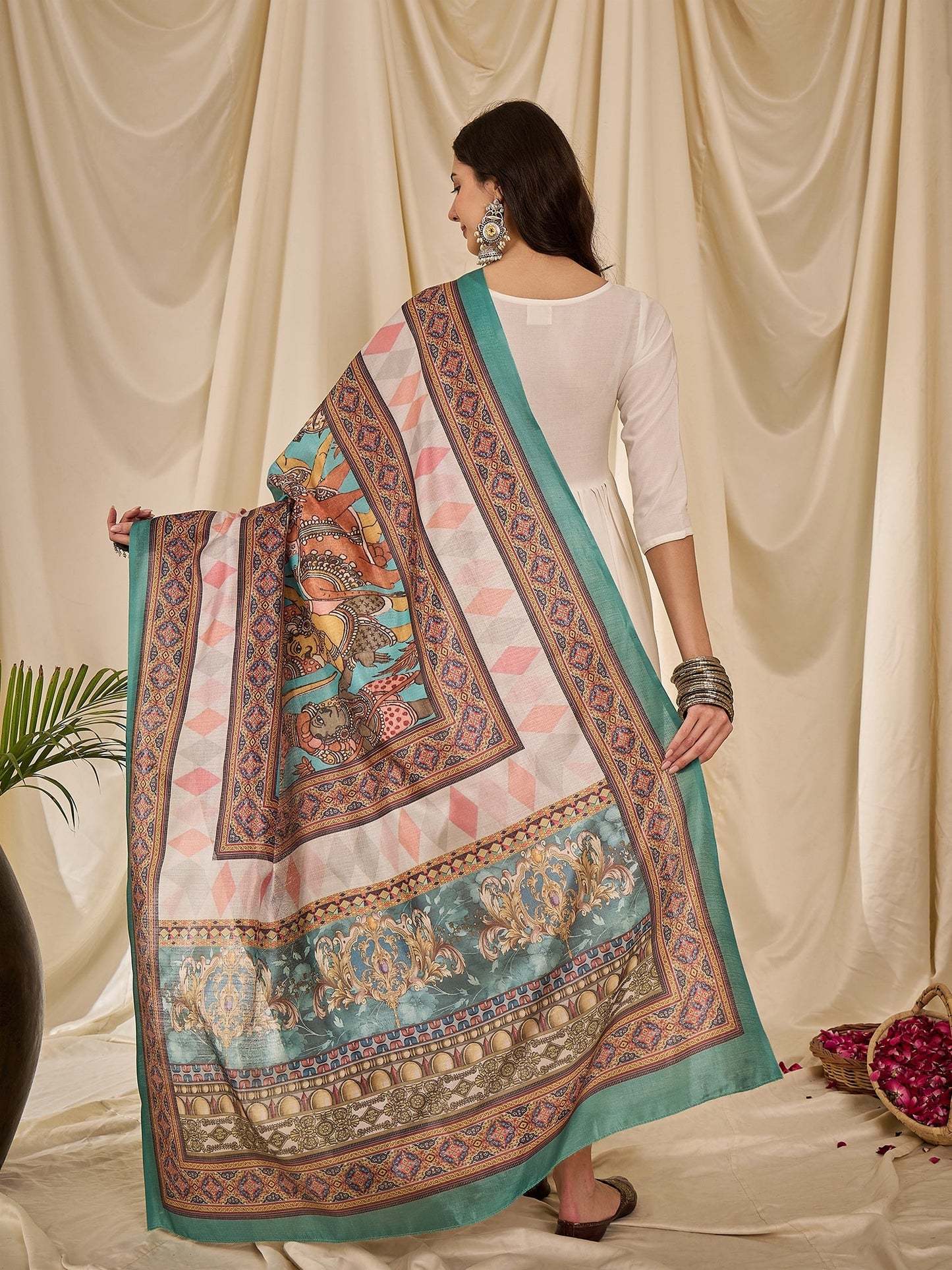 White Long Anarkali Rama Green Dupatta Set