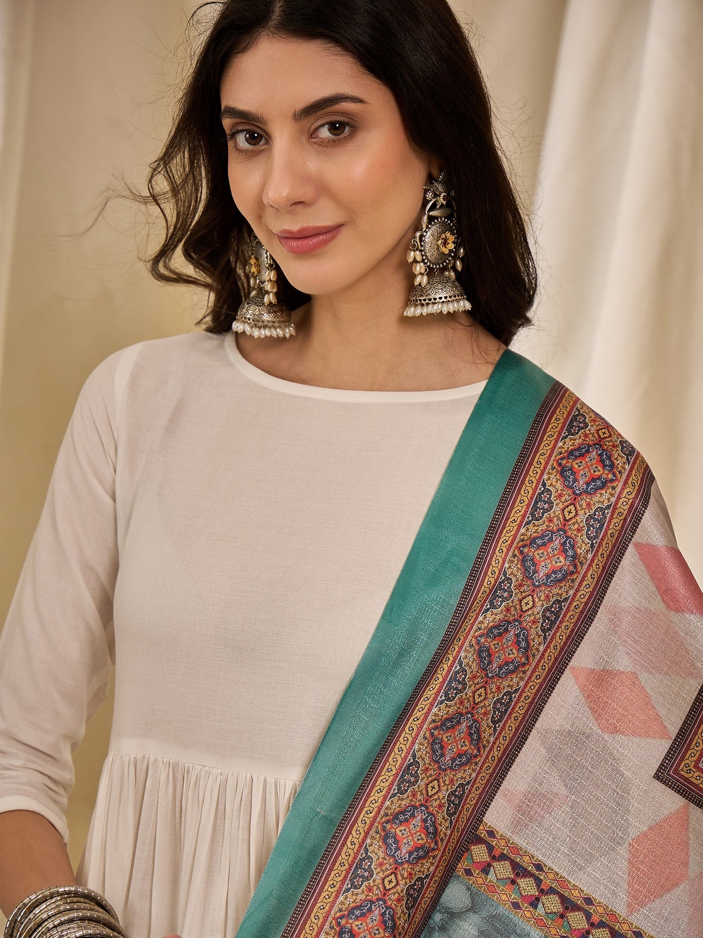 White Long Anarkali Rama Green Dupatta Set