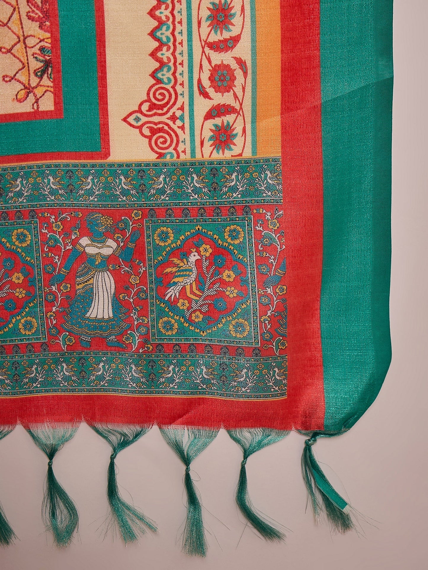 White Long Anarkali Rama Green Dupatta Set
