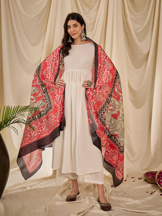 White Long Anarkali Red Human Print Dupatta Set