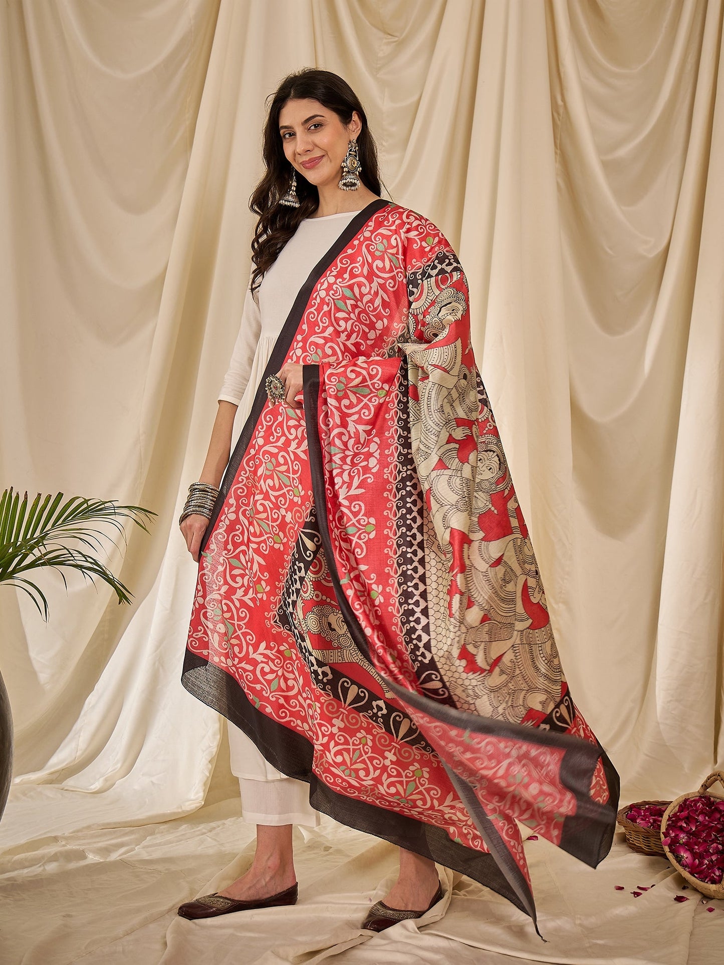 White Long Anarkali Red Human Print Dupatta Set