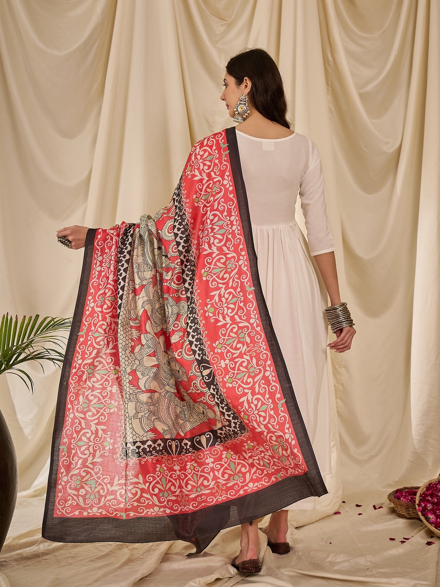 White Long Anarkali Red Human Print Dupatta Set