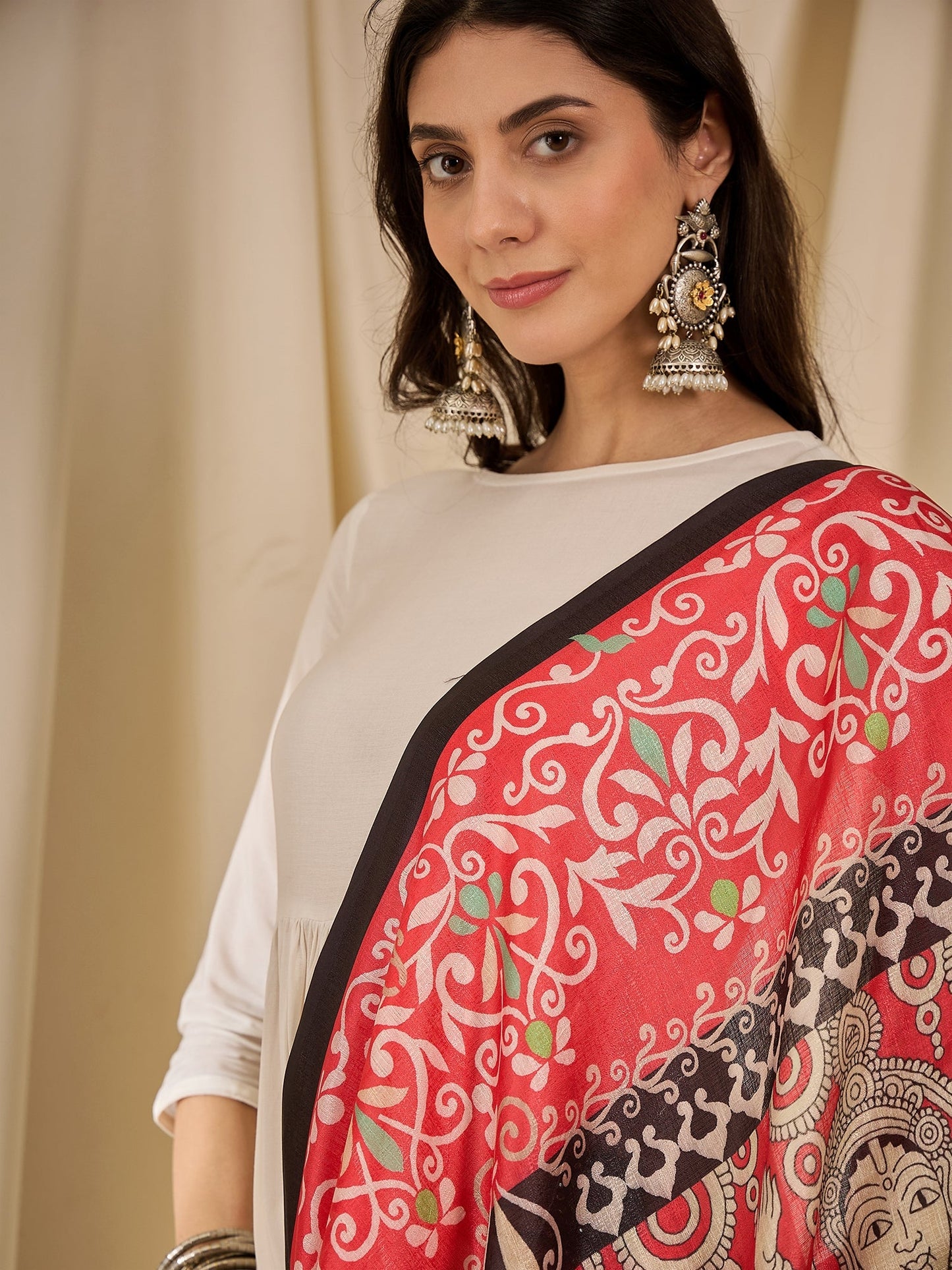 White Long Anarkali Red Human Print Dupatta Set