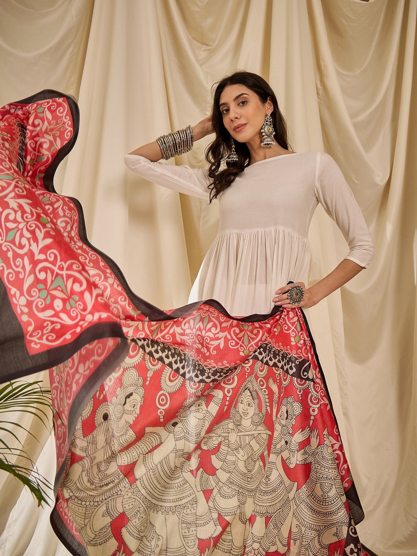White Long Anarkali Red Human Print Dupatta Set