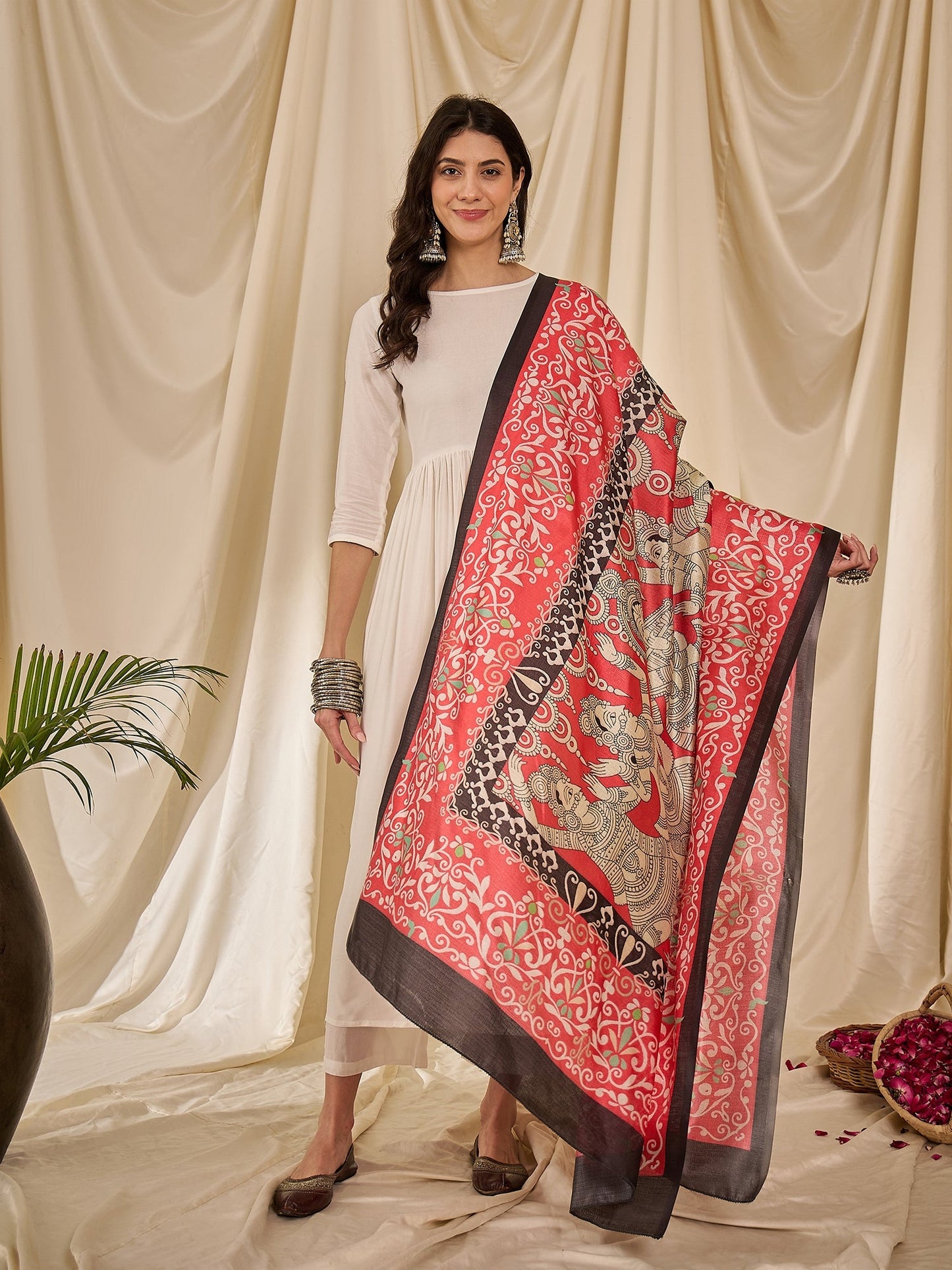 White Long Anarkali Red Human Print Dupatta Set
