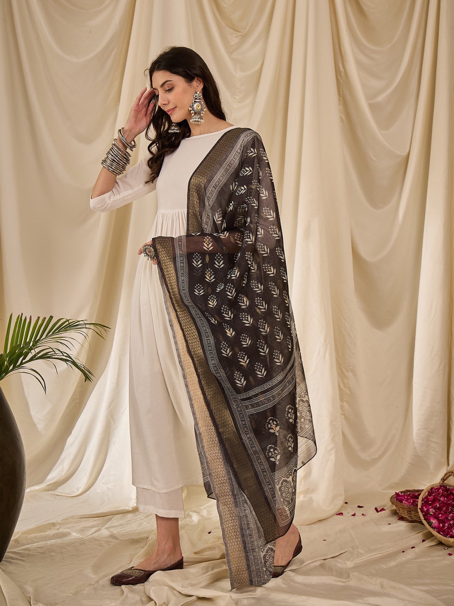 White Long Anarkali Black Beige Dupatta Set
