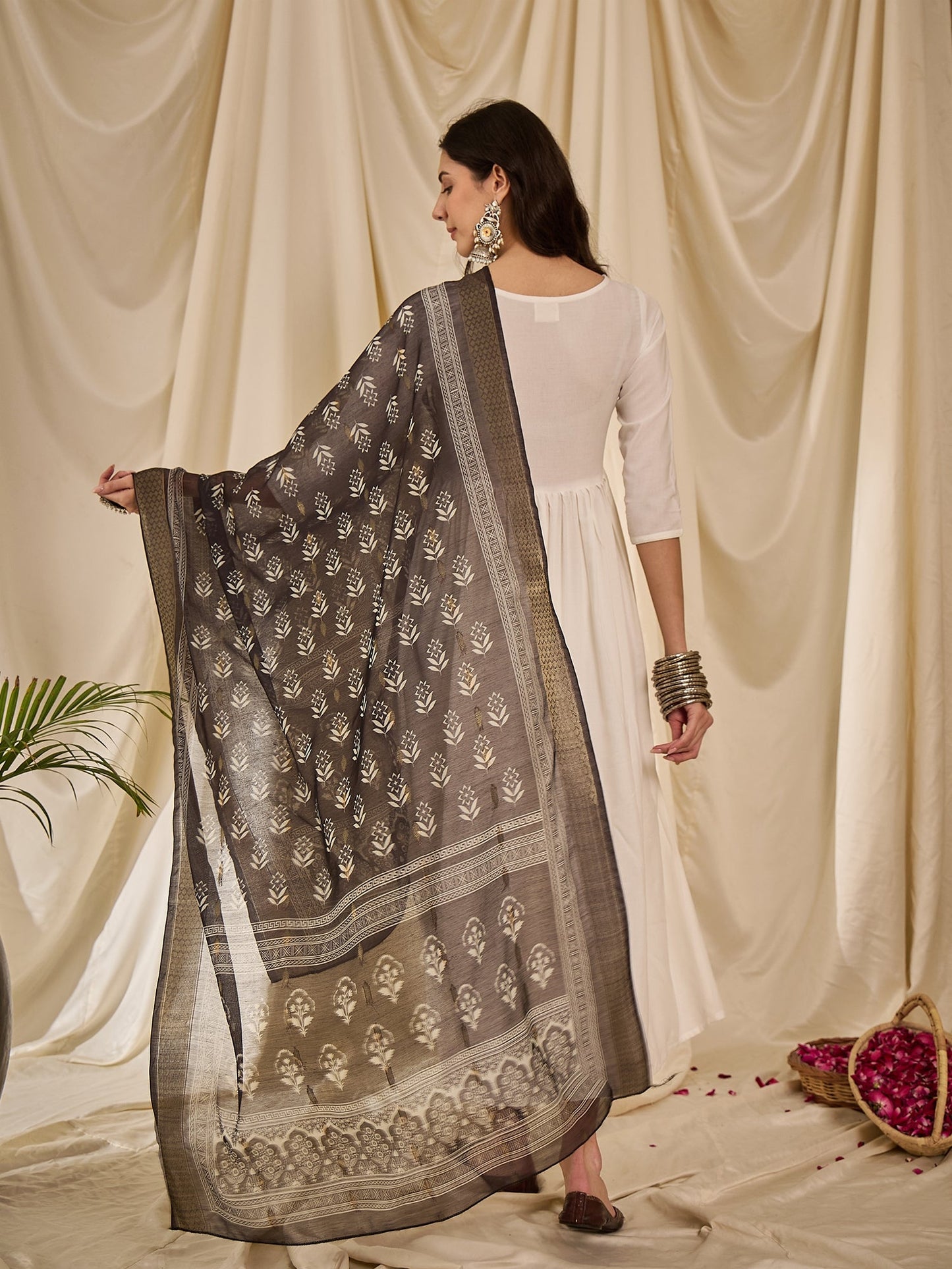 White Long Anarkali Black Beige Dupatta Set