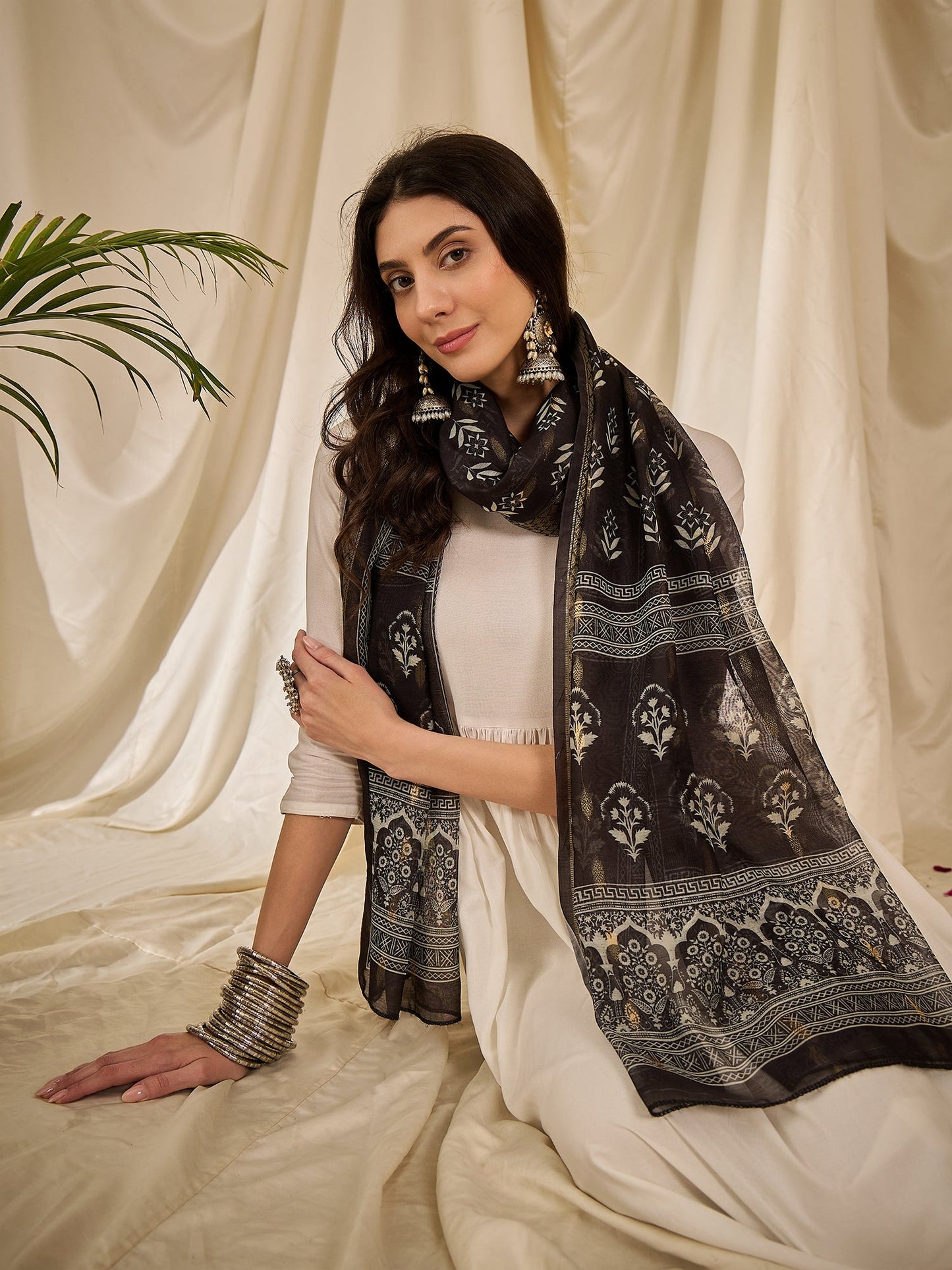 White Long Anarkali Black Beige Dupatta Set