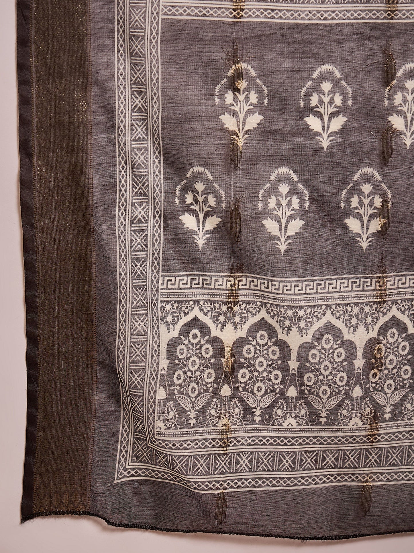 White Long Anarkali Black Beige Dupatta Set