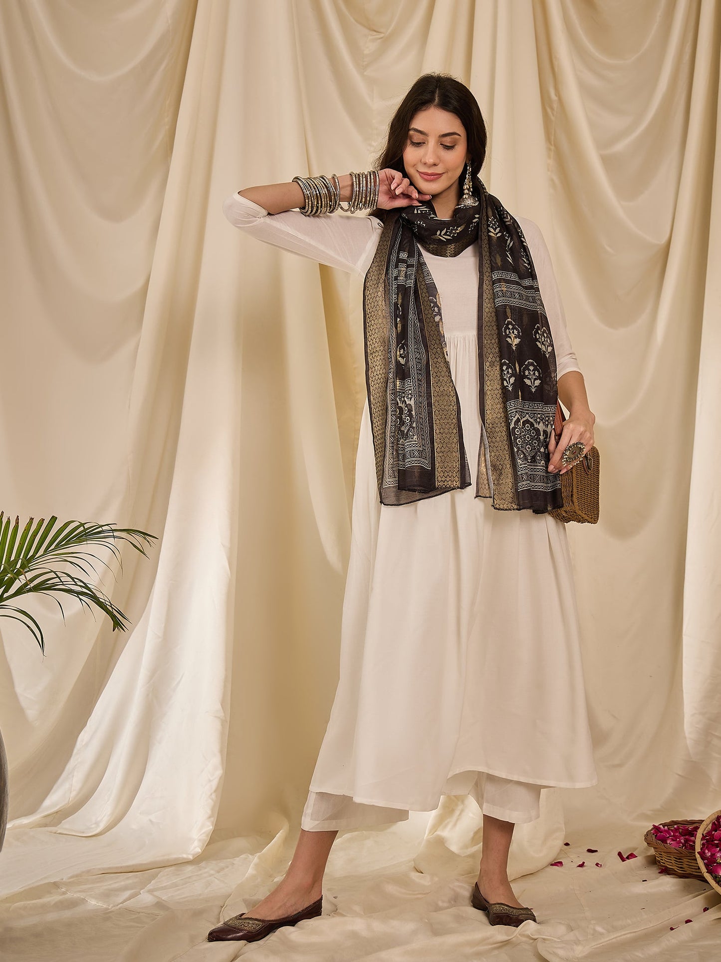 White Long Anarkali Black Beige Dupatta Set