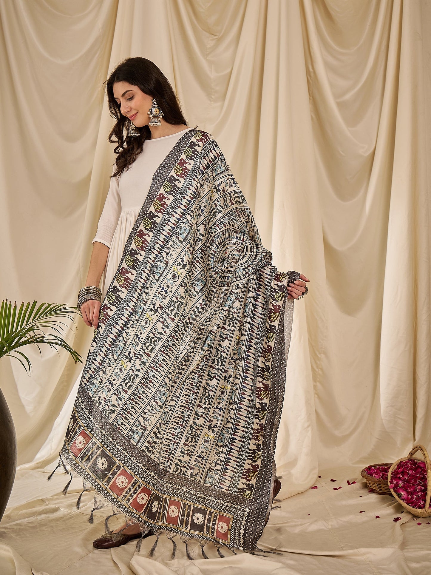 White Long Anarkali Black Tribal Arts Dupatta Set