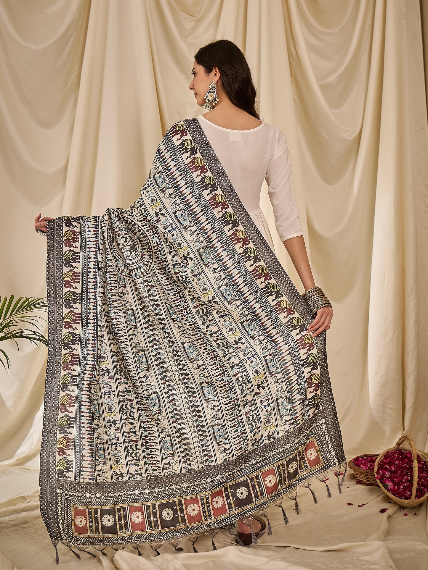 White Long Anarkali Black Tribal Arts Dupatta Set