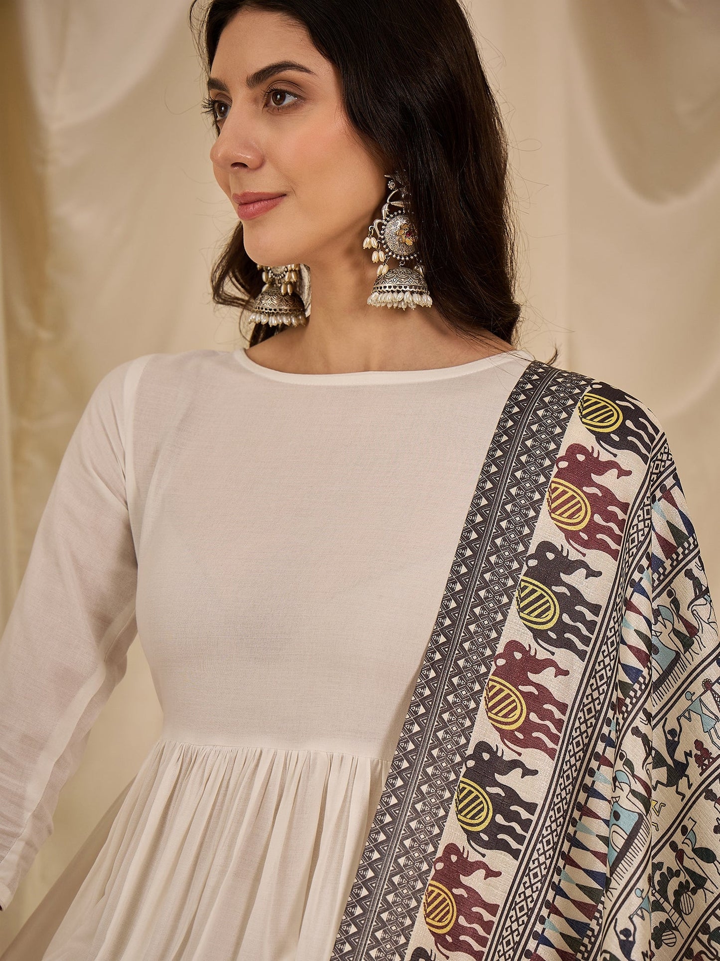 White Long Anarkali Black Tribal Arts Dupatta Set