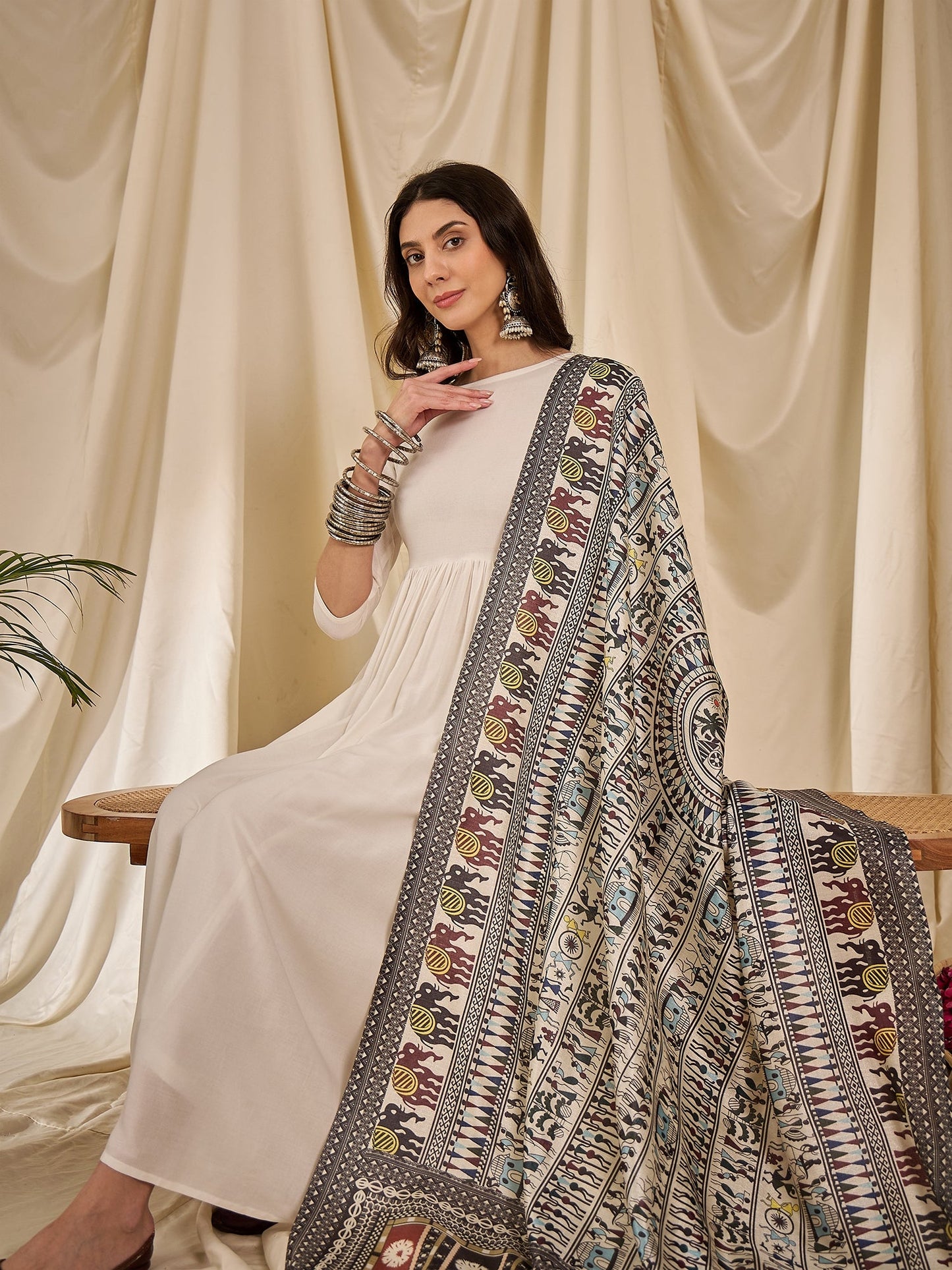 White Long Anarkali Black Tribal Arts Dupatta Set