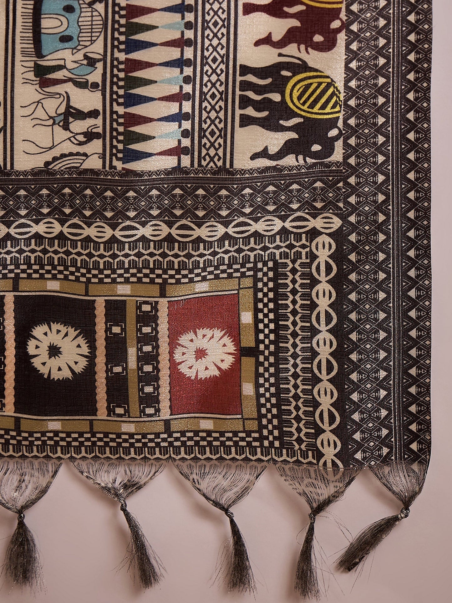 White Long Anarkali Black Tribal Arts Dupatta Set