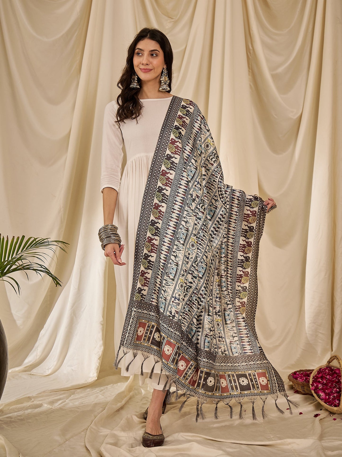 White Long Anarkali Black Tribal Arts Dupatta Set