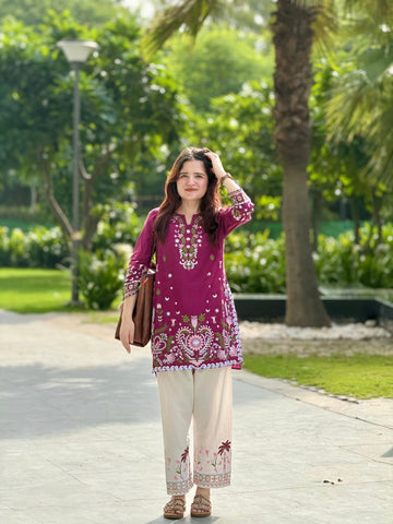 Women's Magenta Cotton Printed Kurta with Cream Palazzo